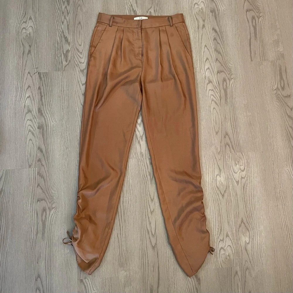 Tibi Medini Twill Pant in Sable Brown Sculpted Trousers Ankle Tie Pleat Skinny